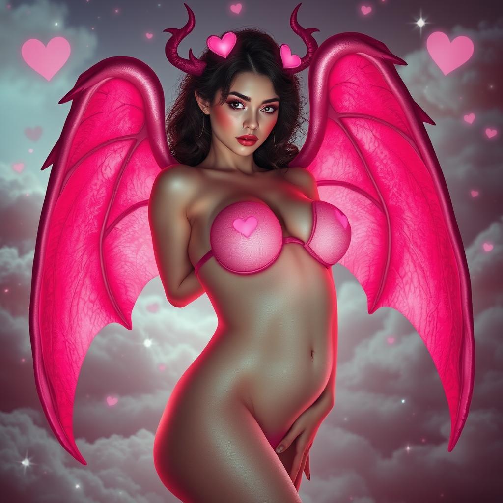 A captivating pink succubus woman with heart-shaped wings, featuring alluring facial features and a seductive pose