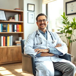 A confident doctor sitting comfortably on a modern chair in a well-lit, professional office