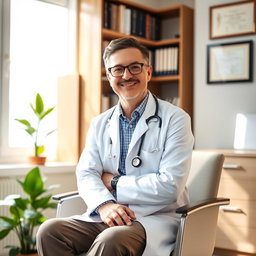 A confident doctor sitting comfortably on a modern chair in a well-lit, professional office