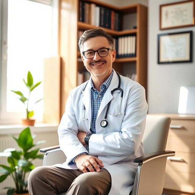 A confident doctor sitting comfortably on a modern chair in a well-lit, professional office