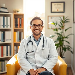 A confident doctor sitting comfortably on a modern chair in a well-lit, professional office