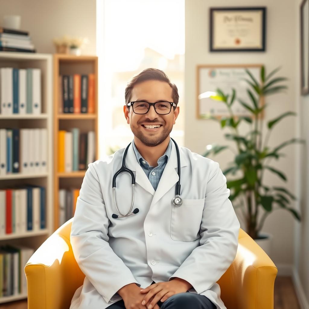 A confident doctor sitting comfortably on a modern chair in a well-lit, professional office