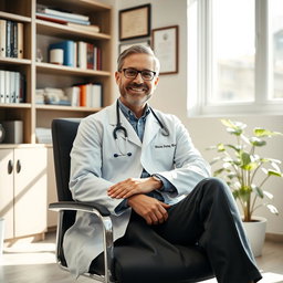A confident doctor sitting comfortably on a modern chair in a well-lit, professional office