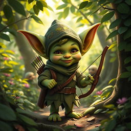 A small, mischievous goblin child dressed as a ranger, complete with a green tunic, decorative leaf patterns, and a tiny quiver with arrows slung over one shoulder