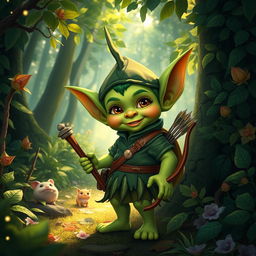 A small, mischievous goblin child dressed as a ranger, complete with a green tunic, decorative leaf patterns, and a tiny quiver with arrows slung over one shoulder