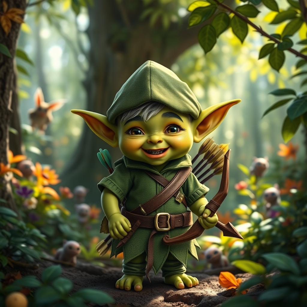 A small, mischievous goblin child dressed as a ranger, complete with a green tunic, decorative leaf patterns, and a tiny quiver with arrows slung over one shoulder