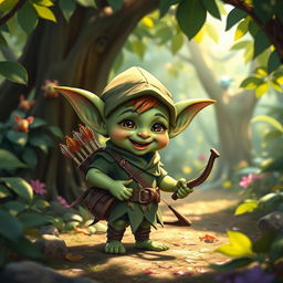 A small, mischievous goblin child dressed as a ranger, complete with a green tunic, decorative leaf patterns, and a tiny quiver with arrows slung over one shoulder
