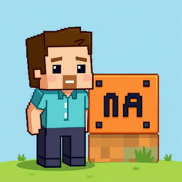 A charming pixel art representation of Steve from Minecraft standing next to a command block