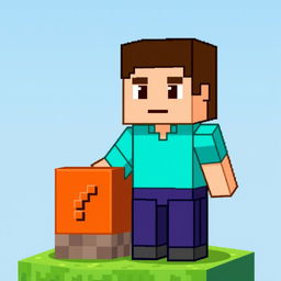 A charming pixel art representation of Steve from Minecraft standing next to a command block