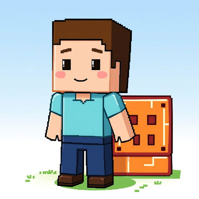 A charming pixel art representation of Steve from Minecraft standing next to a command block