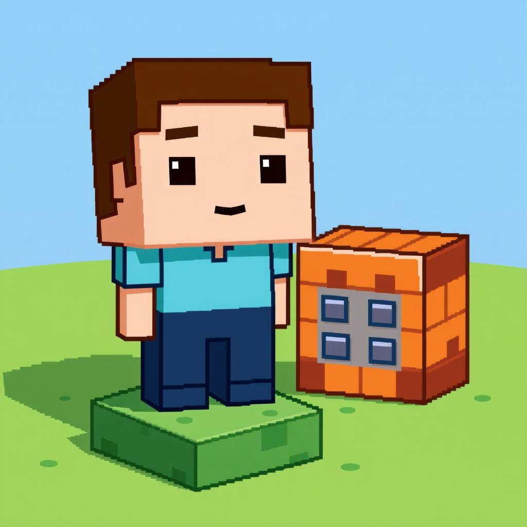 A charming pixel art representation of Steve from Minecraft standing next to a command block