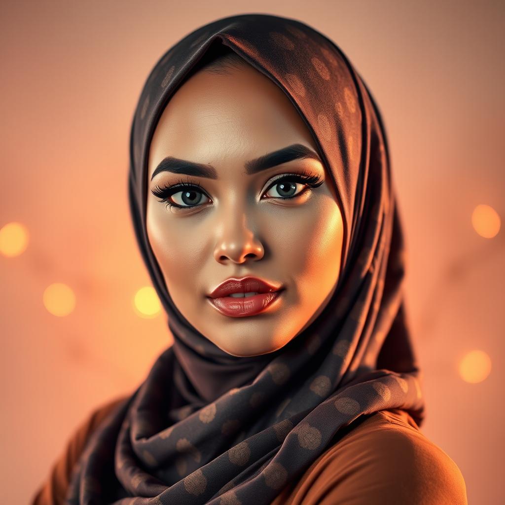 A beautiful Muslim woman wearing a hijab, elegantly styled, posing confidently