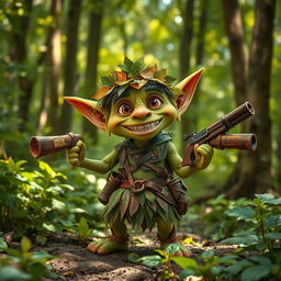 A whimsical goblin ranger, portrayed as a small, mischievous creature with pointed ears and a wide, toothy grin