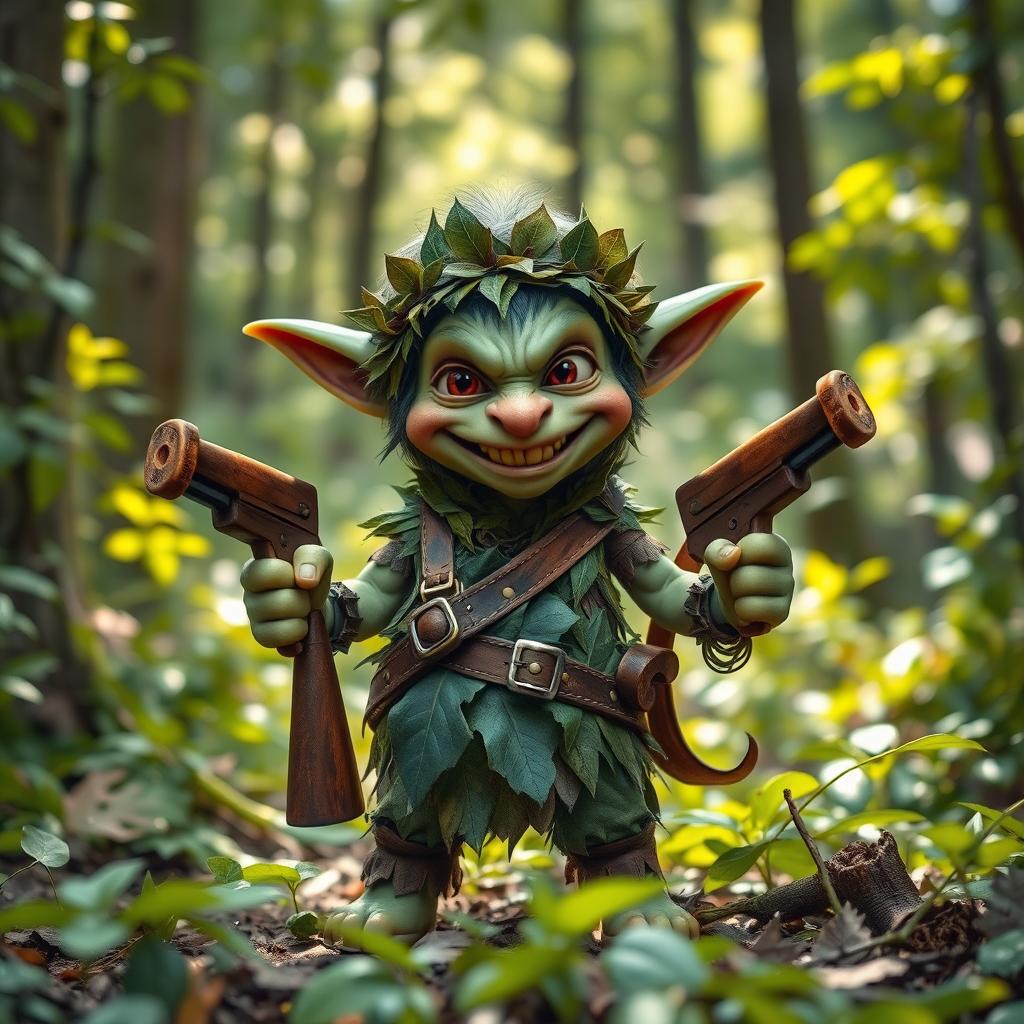 A whimsical goblin ranger, portrayed as a small, mischievous creature with pointed ears and a wide, toothy grin