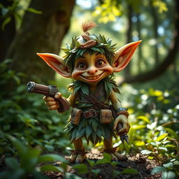 A whimsical goblin ranger, portrayed as a small, mischievous creature with pointed ears and a wide, toothy grin