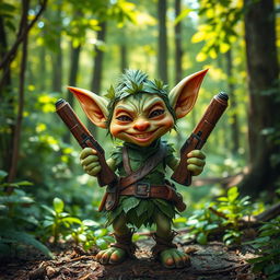 A whimsical goblin ranger, portrayed as a small, mischievous creature with pointed ears and a wide, toothy grin