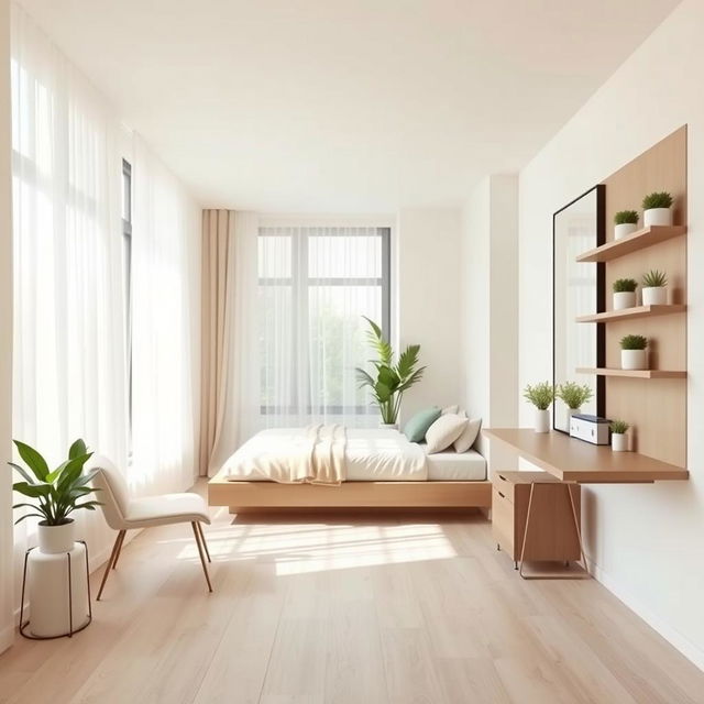A small modern bedroom designed to appear larger and more luminous