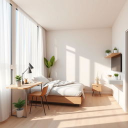 A small modern bedroom designed to appear larger and more luminous