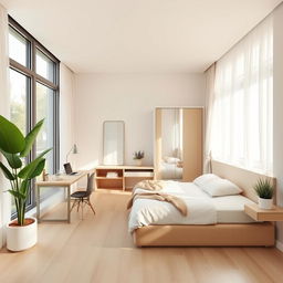 A small modern bedroom designed to appear larger and more luminous