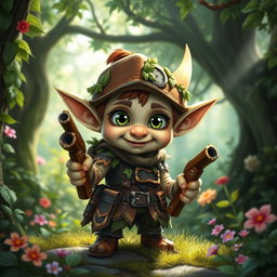a cute fantasy goblin ranger, small in stature, wearing a rustic leather outfit adorned with leaves and moss, holding two handcrafted wooden guns, big expressive eyes, mischievous smile, surrounded by a lush, enchanted forest full of vibrant greenery and colorful flowers, the sunlight filtering through the trees, giving a magical glow, detailed character design with emphasis on cuteness and playfulness