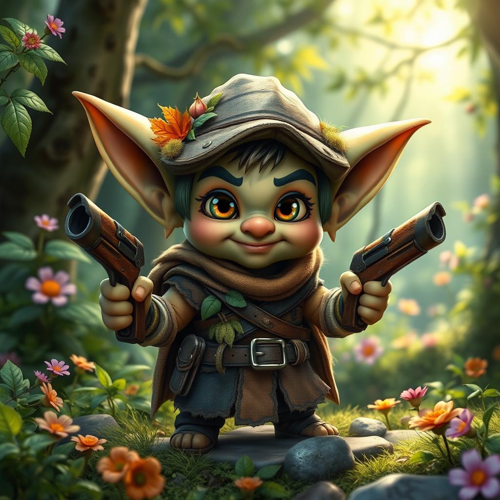 a cute fantasy goblin ranger, small in stature, wearing a rustic leather outfit adorned with leaves and moss, holding two handcrafted wooden guns, big expressive eyes, mischievous smile, surrounded by a lush, enchanted forest full of vibrant greenery and colorful flowers, the sunlight filtering through the trees, giving a magical glow, detailed character design with emphasis on cuteness and playfulness