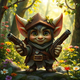 a cute fantasy goblin ranger, small in stature, wearing a rustic leather outfit adorned with leaves and moss, holding two handcrafted wooden guns, big expressive eyes, mischievous smile, surrounded by a lush, enchanted forest full of vibrant greenery and colorful flowers, the sunlight filtering through the trees, giving a magical glow, detailed character design with emphasis on cuteness and playfulness