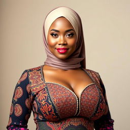 A beautiful woman wearing a hijab, with a generous figure and large breasts, dressed in a stylish and form-fitting outfit