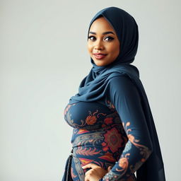 A beautiful woman wearing a hijab, with a generous figure and large breasts, dressed in a stylish and form-fitting outfit