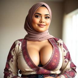 A beautiful woman wearing a hijab, with a generous figure and large breasts, dressed in a stylish and form-fitting outfit