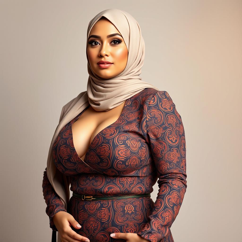 A beautiful woman wearing a hijab, with a generous figure and large breasts, dressed in a stylish and form-fitting outfit