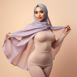 A stunning woman wearing a hijab, showcasing beautiful, flowing fabrics in an elegant and fashionable way, while comfortably and confidently displaying her curves