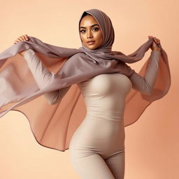 A stunning woman wearing a hijab, showcasing beautiful, flowing fabrics in an elegant and fashionable way, while comfortably and confidently displaying her curves