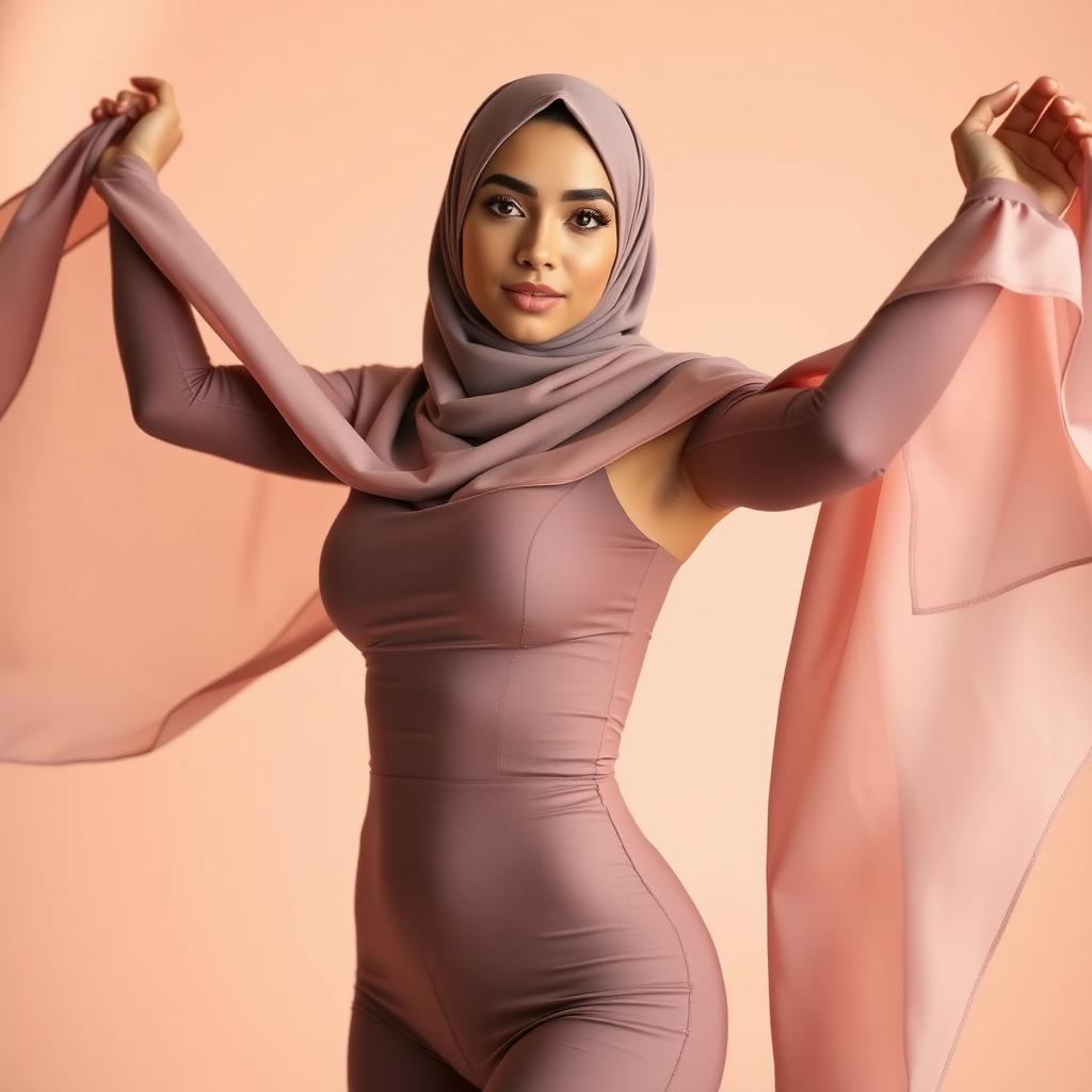 A stunning woman wearing a hijab, showcasing beautiful, flowing fabrics in an elegant and fashionable way, while comfortably and confidently displaying her curves