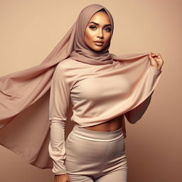 A stunning woman wearing a hijab, showcasing beautiful, flowing fabrics in an elegant and fashionable way, while comfortably and confidently displaying her curves