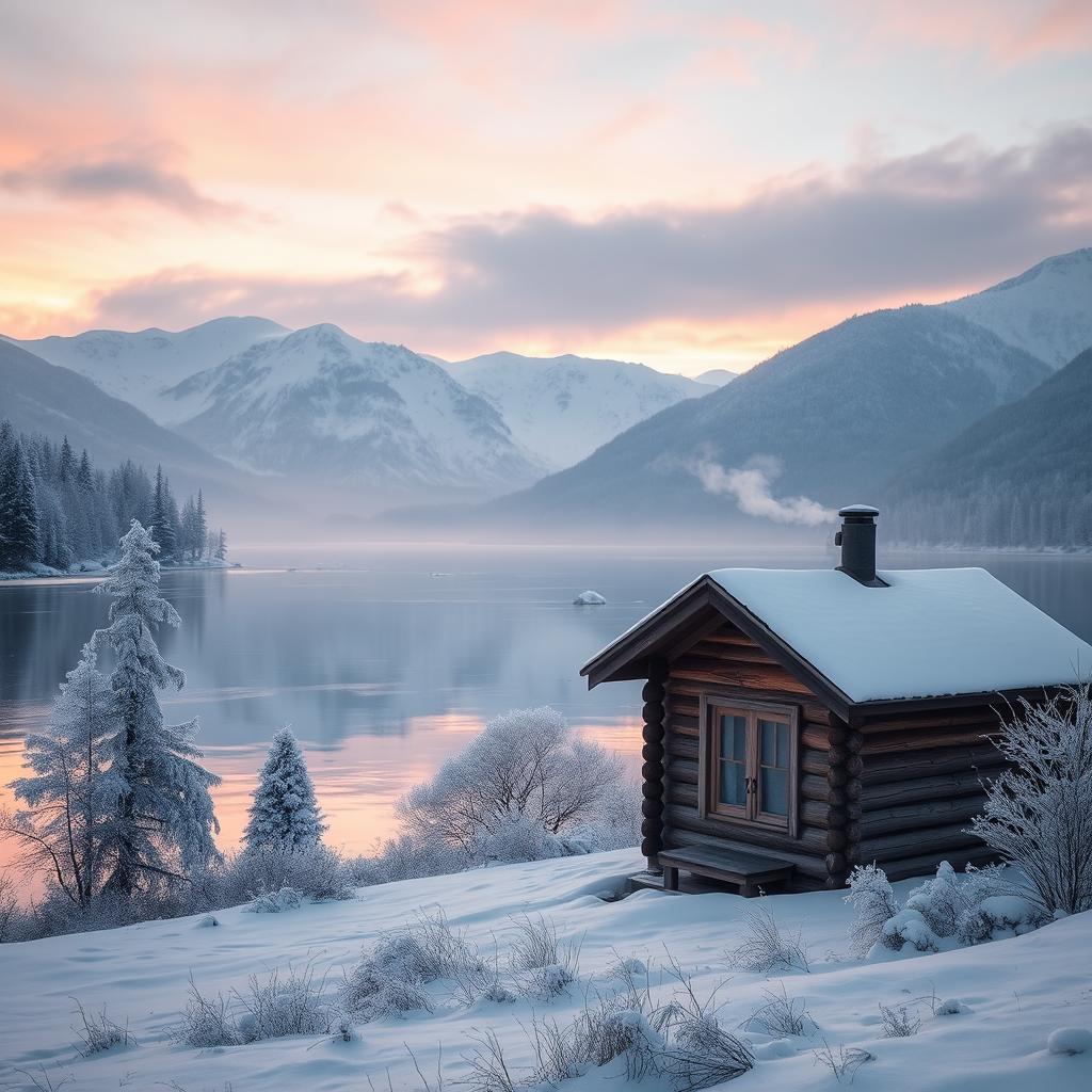 A serene winter landscape at dawn, featuring a tranquil frozen lake surrounded by snow-capped mountains