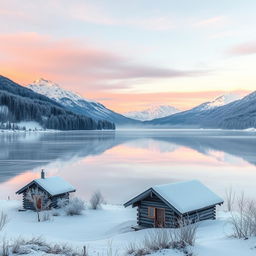 A serene winter landscape at dawn, featuring a tranquil frozen lake surrounded by snow-capped mountains