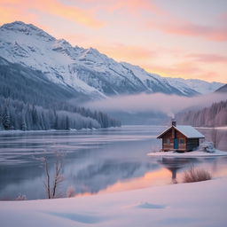A serene winter landscape at dawn, featuring a tranquil frozen lake surrounded by snow-capped mountains