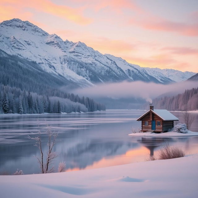 A serene winter landscape at dawn, featuring a tranquil frozen lake surrounded by snow-capped mountains