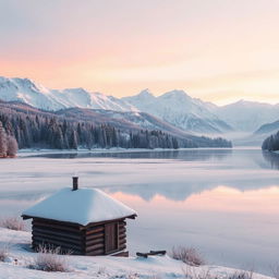 A serene winter landscape at dawn, featuring a tranquil frozen lake surrounded by snow-capped mountains