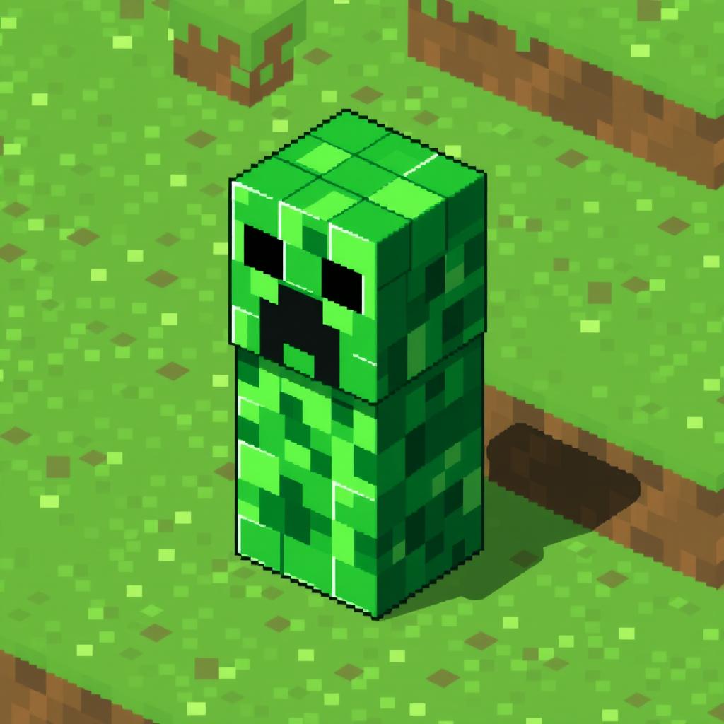 A pixel art rendition of a Creeper from Minecraft, creatively constructed using command blocks