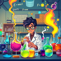 A vibrant and dynamic illustration combining elements of physics and chemistry