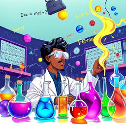 A vibrant and dynamic illustration combining elements of physics and chemistry