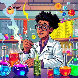 A vibrant and dynamic illustration combining elements of physics and chemistry