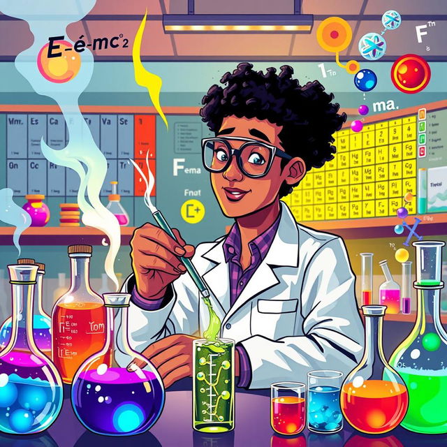 A vibrant and dynamic illustration combining elements of physics and chemistry