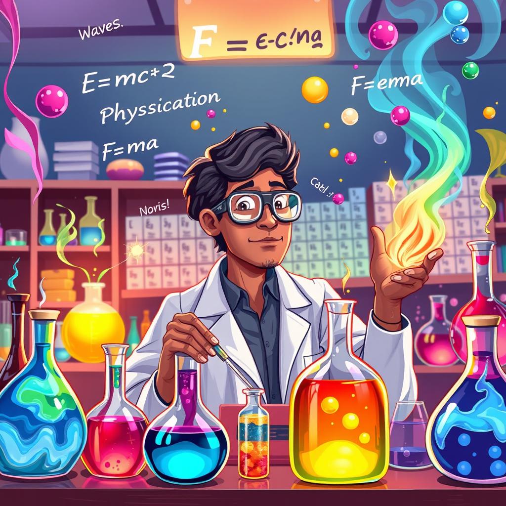A vibrant and dynamic illustration combining elements of physics and chemistry