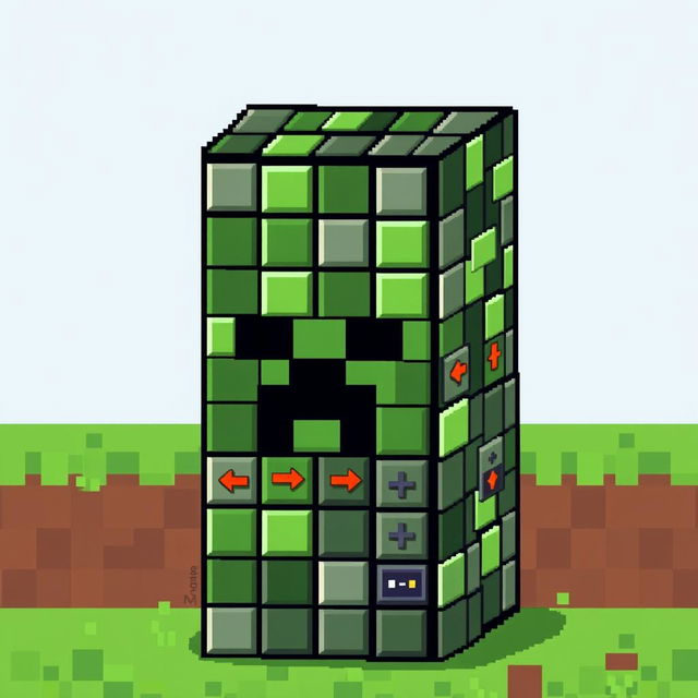 A pixel art depiction of a creeper from the game Minecraft, but instead of its traditional texture, it features a body made entirely of command blocks
