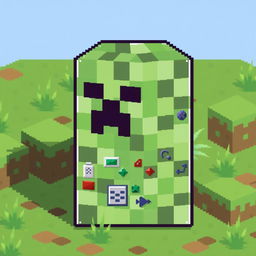 A pixel art creation featuring a creeper from Minecraft, characterized by a body made of command blocks instead of the usual green texture