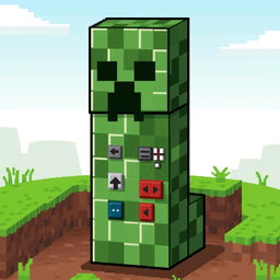 A pixel art creation featuring a creeper from Minecraft, characterized by a body made of command blocks instead of the usual green texture