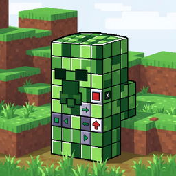 A pixel art creation featuring a creeper from Minecraft, characterized by a body made of command blocks instead of the usual green texture