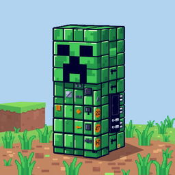 A pixel art creation featuring a creeper from Minecraft, characterized by a body made of command blocks instead of the usual green texture